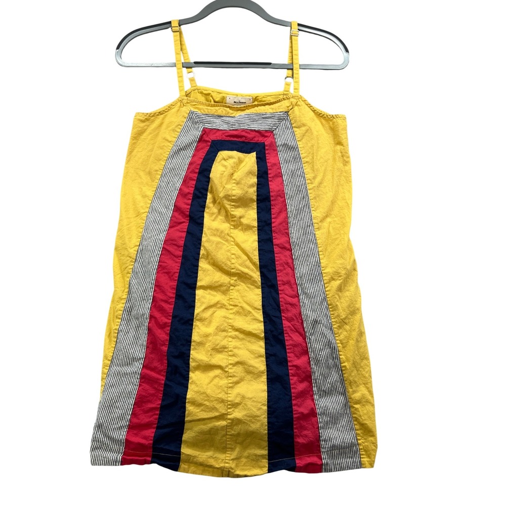 Allihop Dress Women M Yellow Cotton Linen Blend Striped Boho Mini Sundress
